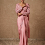 Soft Pink Crepe Embroidered Draped Saree