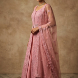 Punch Pink Net Embroidered Anarkali Set