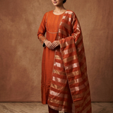 Reddish Orange Silk Embroidered Kurta Set