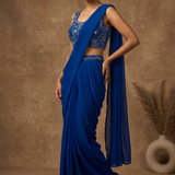 Cobalt Blue Georgette Embroidered Draped Saree