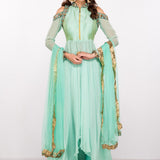 Sea Green Cold-Shoulder Layered Anarkali Set