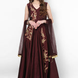 Deep Wine Gold Floral Embroidered Anarkali Set