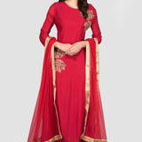 Crimson Gold Floral Motif Anarkali Set