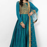 Teal Gold Floral Embroidered Anarkali Set