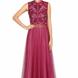 Berry Mandarin Collar Indo Western Gown