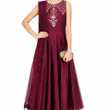 Wine Gold Floral Panel Anarkali Set