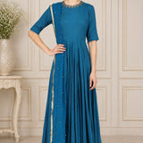 Teal Gold Embellished Neckline Indo Western Gown