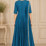 Teal Gold Embellished Neckline Indo Western Gown