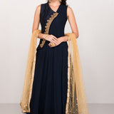 Midnight Navy Gold Vine Anarkali Set