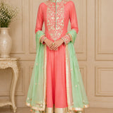 Coral Mint Floral Embroidered Anarkali Set