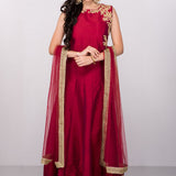 Deep Maroon Gold Paisley Border Anarkali Set