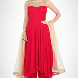 Crimson Gold Beaded Anarkali Set