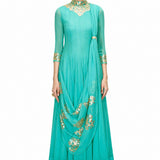 Turquoise Gold Mirror Drape Indo Western Gown
