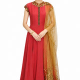 Coral Gold Floral Neckline Indo Western Gown