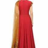 Coral Gold Floral Neckline Indo Western Gown