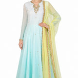 Ice Blue Ombre Gold Border Anarkali Set