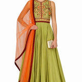 Olive Coral Embroidered Anarkali Set