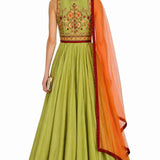 Olive Coral Embroidered Anarkali Set