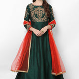 Bottle Green Peacock Embroidered Anarkali Set