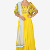 Yellow Gold Embroidered Cape Sleeve Anarkali Set
