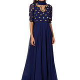 Navy Blue Gold Foil Printed Embroidery Gown
