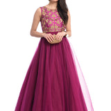 Magenta Gold Embroidered Net Gown