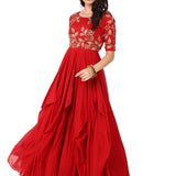 Red Gold Embroidered Draped Gown