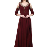 Maroon Gold Embroidered Cold Shoulder Gown