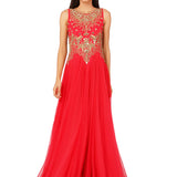Coral Pink Gold Embroidered Net Gown