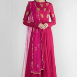 Fuchsia Pink Gold Leaf Embroidered Anarkali Set