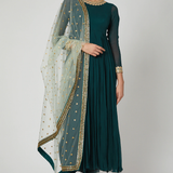 Bottle Green Gold Bordered Anarkali Set