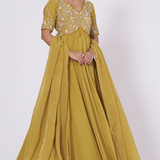 Olive Green Gold Embroidered Anarkali Set