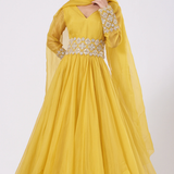 Mustard Yellow Mirror Embellished Anarkali Set