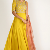 Yellow Multicolor Floral Embroidered Anarkali Set