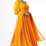 Mustard Yellow Ombre Puff Sleeve Embroidered Anarkali Set