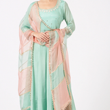 Sea Green Peach Contrast Bordered Anarkali Set