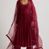 Maroon Beaded Neckline Anarkali Set