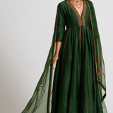 Bottle Green Embroidered Deep V Gown