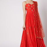 Red Gold Sequin Tiered Anarkali Gown
