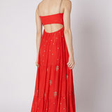 Red Gold Sequin Tiered Anarkali Gown