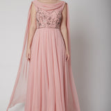 Dusty Rose Sequin Embellished Cape Gown