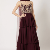 Wine Floral Embroidered Tiered Gown