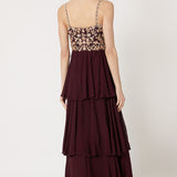 Wine Floral Embroidered Tiered Gown
