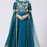 Peacock Teal Cold Shoulder Floral Anarkali Gown