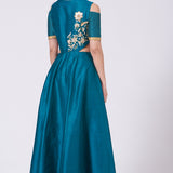 Peacock Teal Cold Shoulder Floral Anarkali Gown