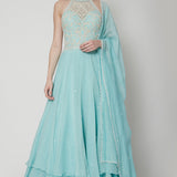 Powder Aqua Halter Ruffle Anarkali Gown
