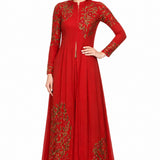 Red Georgette Front Open Anarkali Set With Gold Floral Embroidery And Layered Palazzo