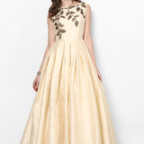 Champagne Gold Satin Gown With Sheer Bodice And Leaf Embroidery