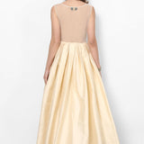Champagne Gold Satin Gown With Sheer Bodice And Leaf Embroidery