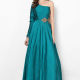 Teal Satin One-Shoulder Gown With Embroidered Waist Detail